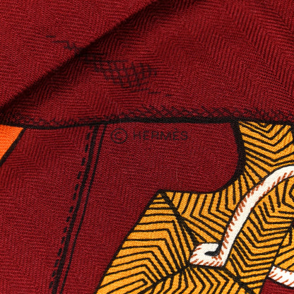Hermes Cashmere Silk Zouaves Et Dragons Shawl 140 Bordeaux Orange Black 3 of 4