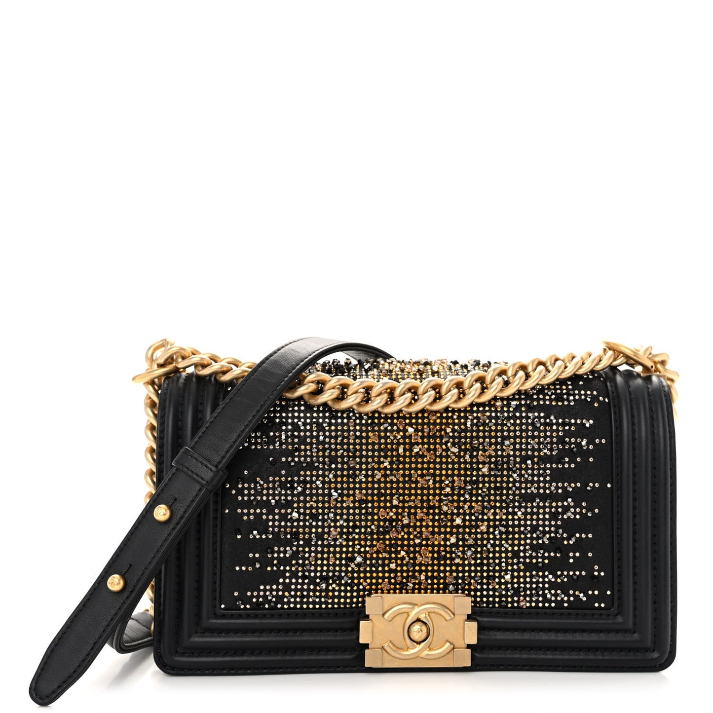 Calfskin Strass Studded Medium Boy Flap Black Gold