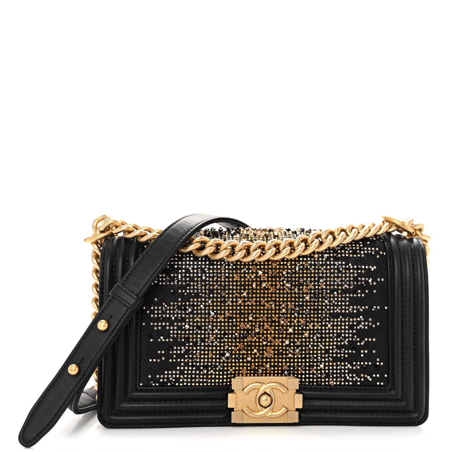 Chanel Calfskin Strass Studded Medium Boy Flap Black Gold 1 of 11