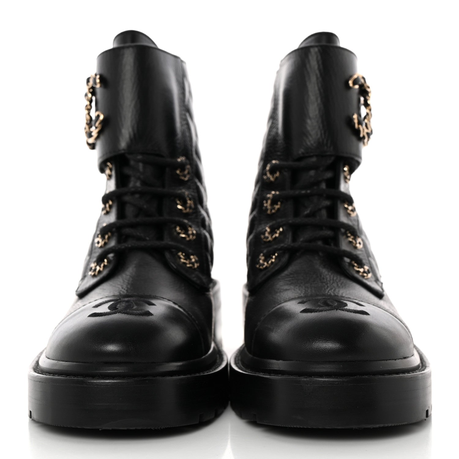 Chanel Shiny Goatskin Calfskin Quilted Lace Up Combat Boots 37 Black 2 of 11