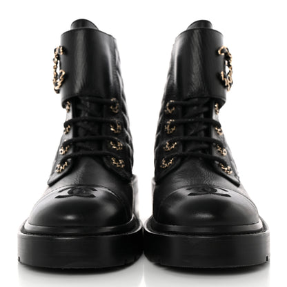 Chanel Shiny Goatskin Calfskin Quilted Lace Up Combat Boots 37 Black 2 of 11