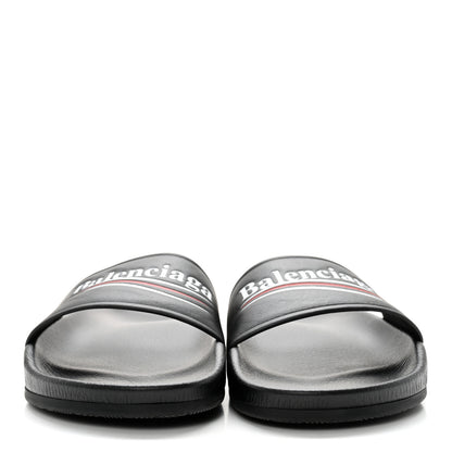 Balenciaga Nappa Political Campaign Logo Womens Pool Slide Sandals 38 Black White Vermillon 2 of 8