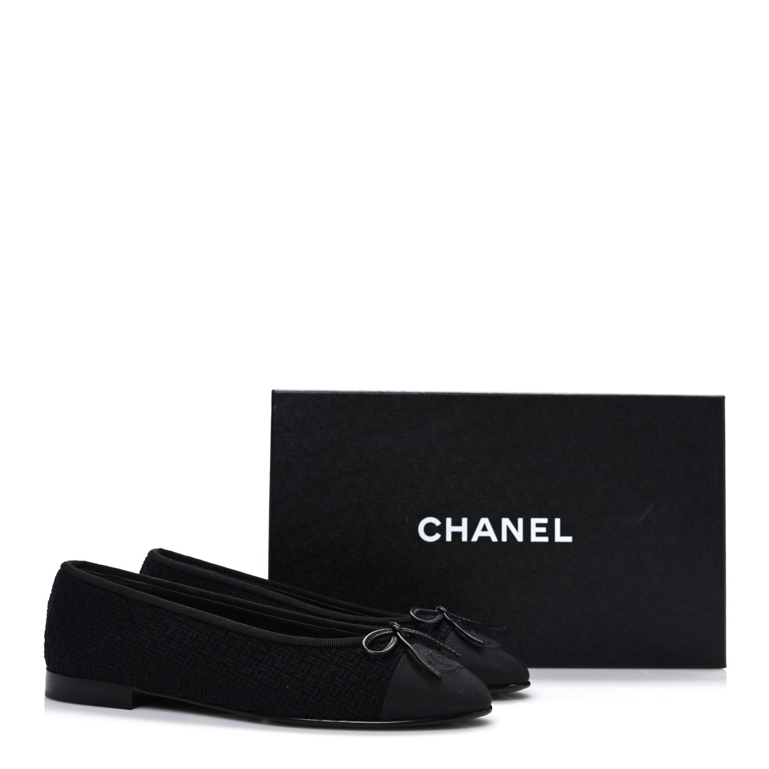 Chanel Wool Tweed Grosgrain Cap Toe CC Ballerina Flats 37.5 Black 11 of 11