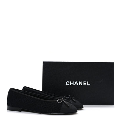 Chanel Wool Tweed Grosgrain Cap Toe CC Ballerina Flats 37.5 Black 11 of 11