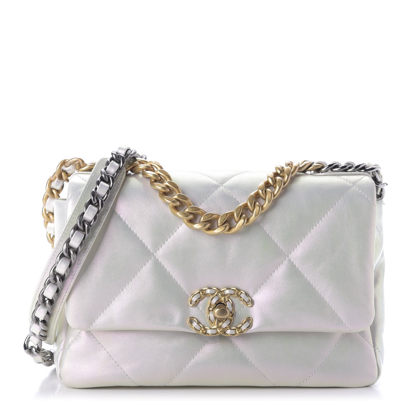 Iridescent Calfskin Quilted Medium 19 Flap White