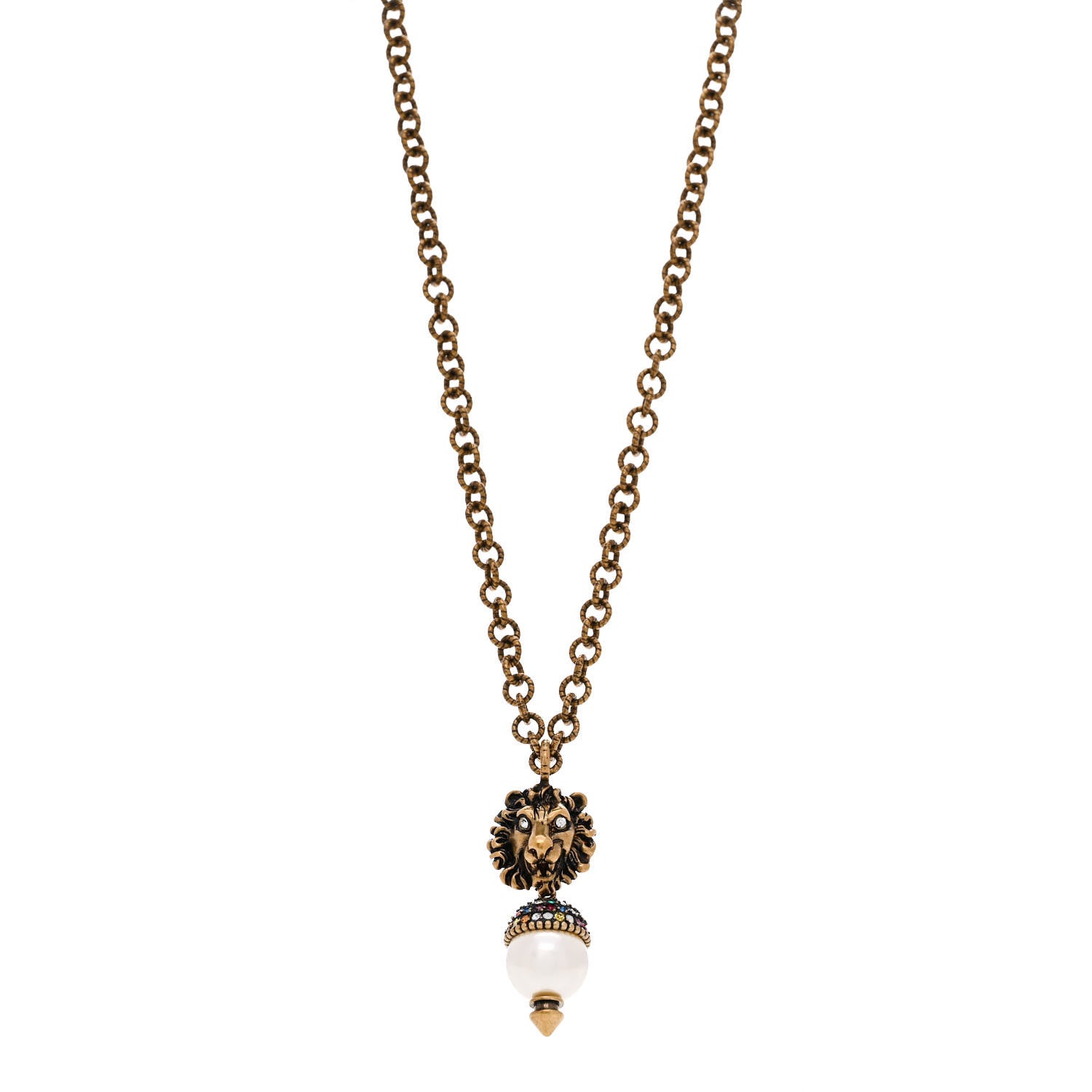 Gucci Metal Crystal Pearl Lion Head Necklace Aged Gold 1 of 5