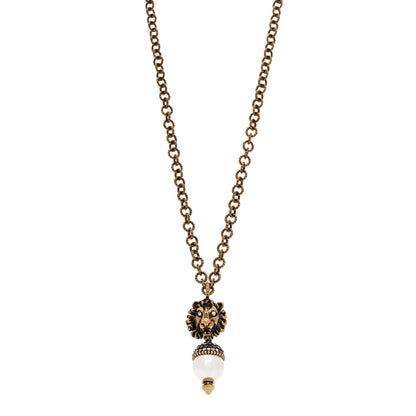 Gucci Metal Crystal Pearl Lion Head Necklace Aged Gold 1 of 5