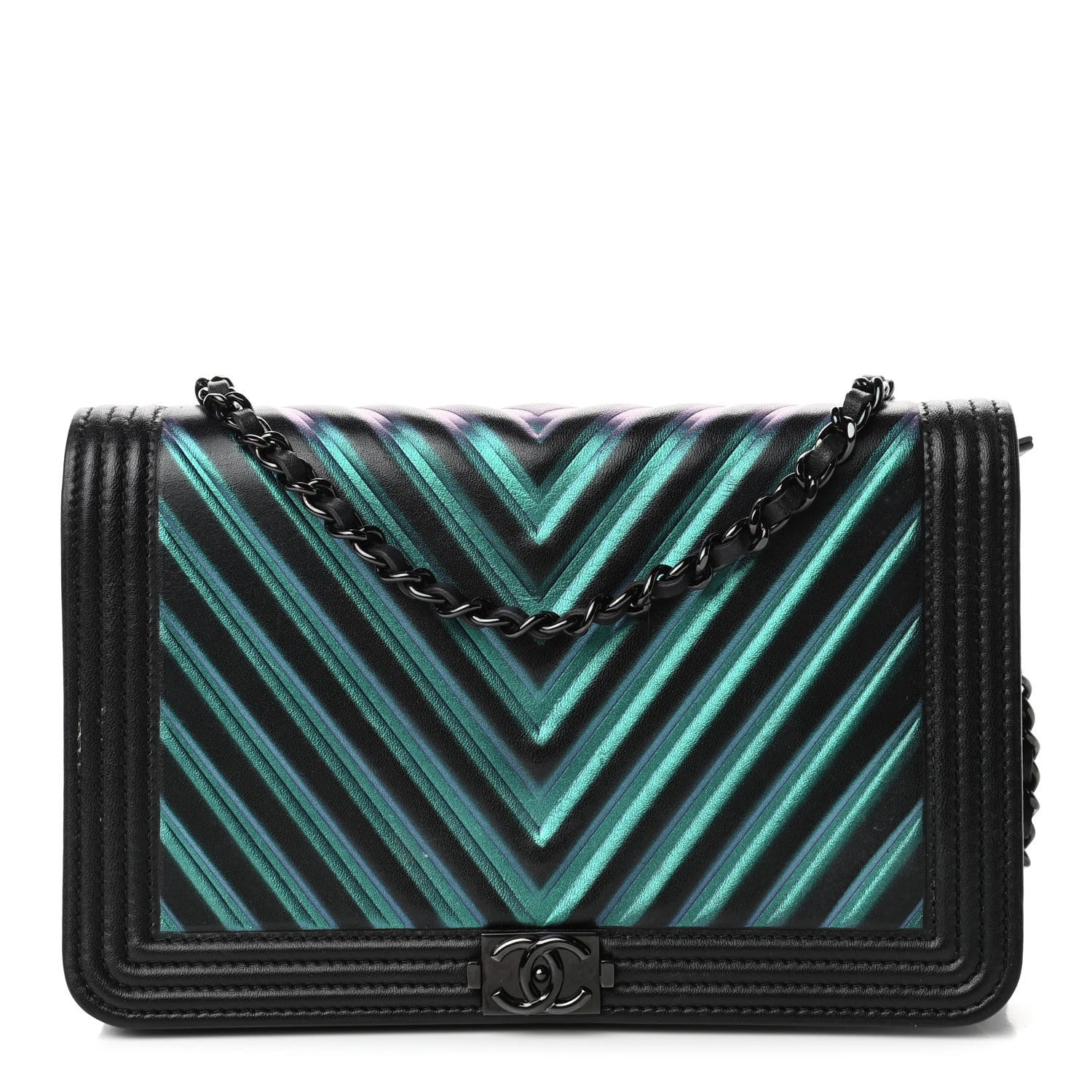 Chanel Calfskin Painted Chevron Embossed Boy Wallet On Chain WOC Black 1 of 4
