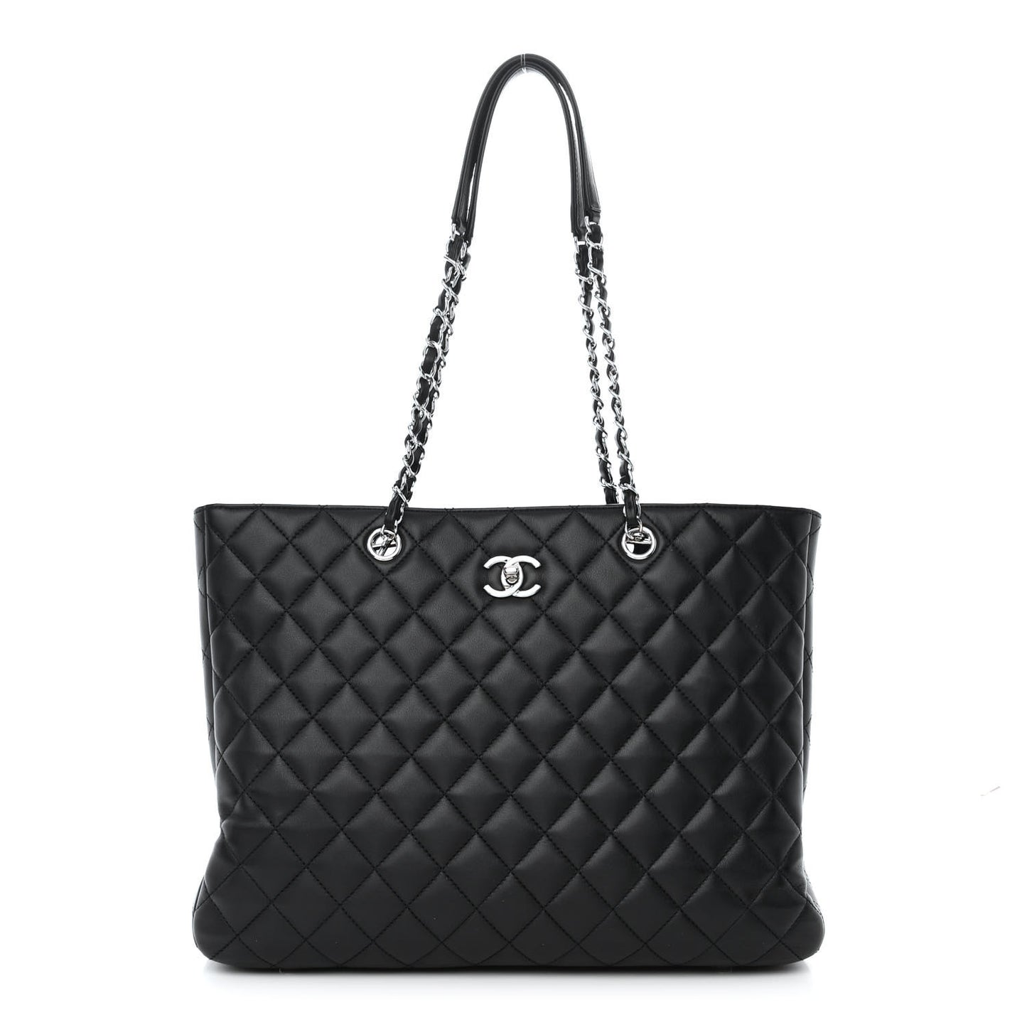 Calfskin Quilted Large Turn Lock Shopping Tote Black