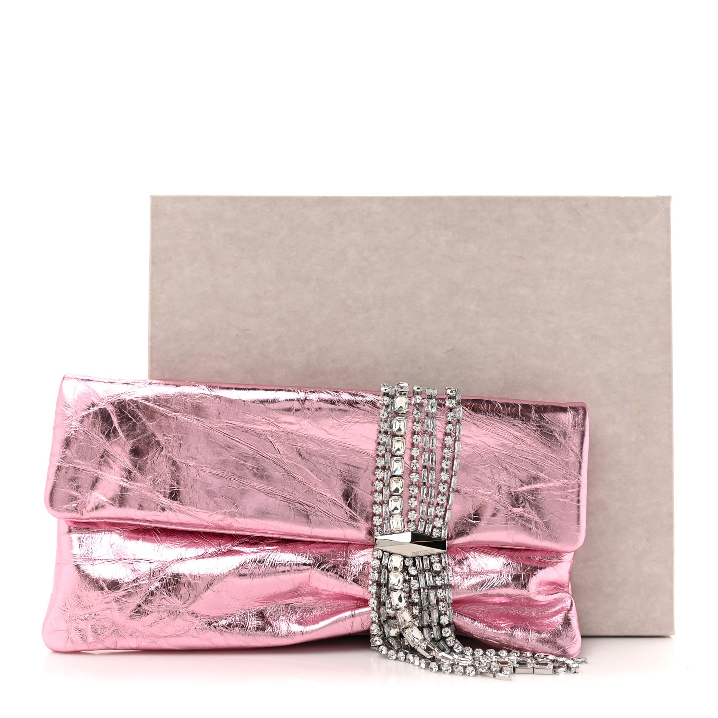 Vintage Metallic Calfskin Crystal Zandra Clutch Bag Rose Silver
