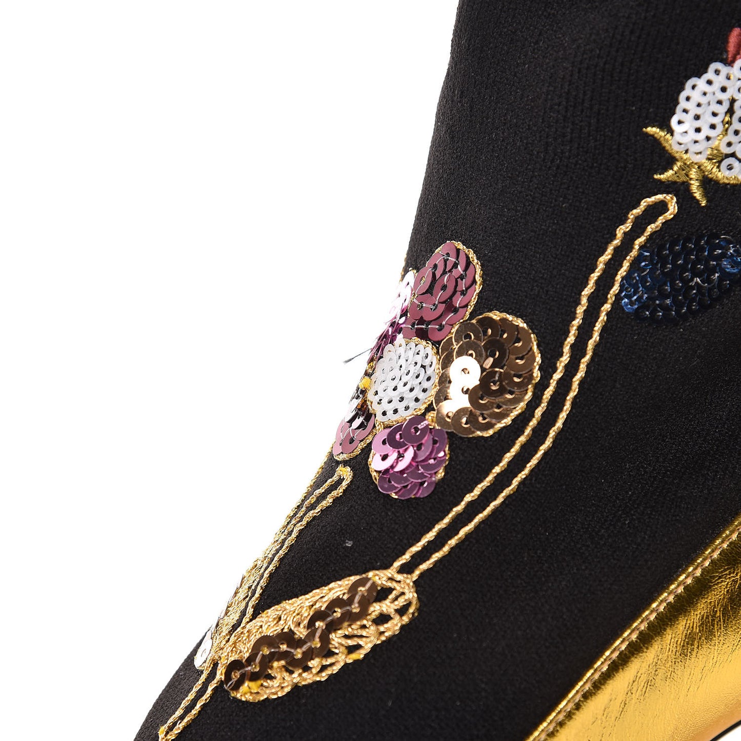 Metallic Nappa Embroidered Candy Sock Ankle Boots 39 Black Oro Vecchio