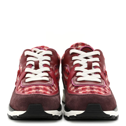 Chanel Wool Tweed Suede Calfskin Womens CC Sneakers 36 Red White Dark Brown Burgundy 3 of 10