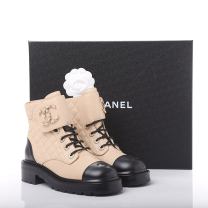 Chanel Lambskin Calfskin Quilted Lace Up Combat Boots 36.5 Beige Black 9 of 9