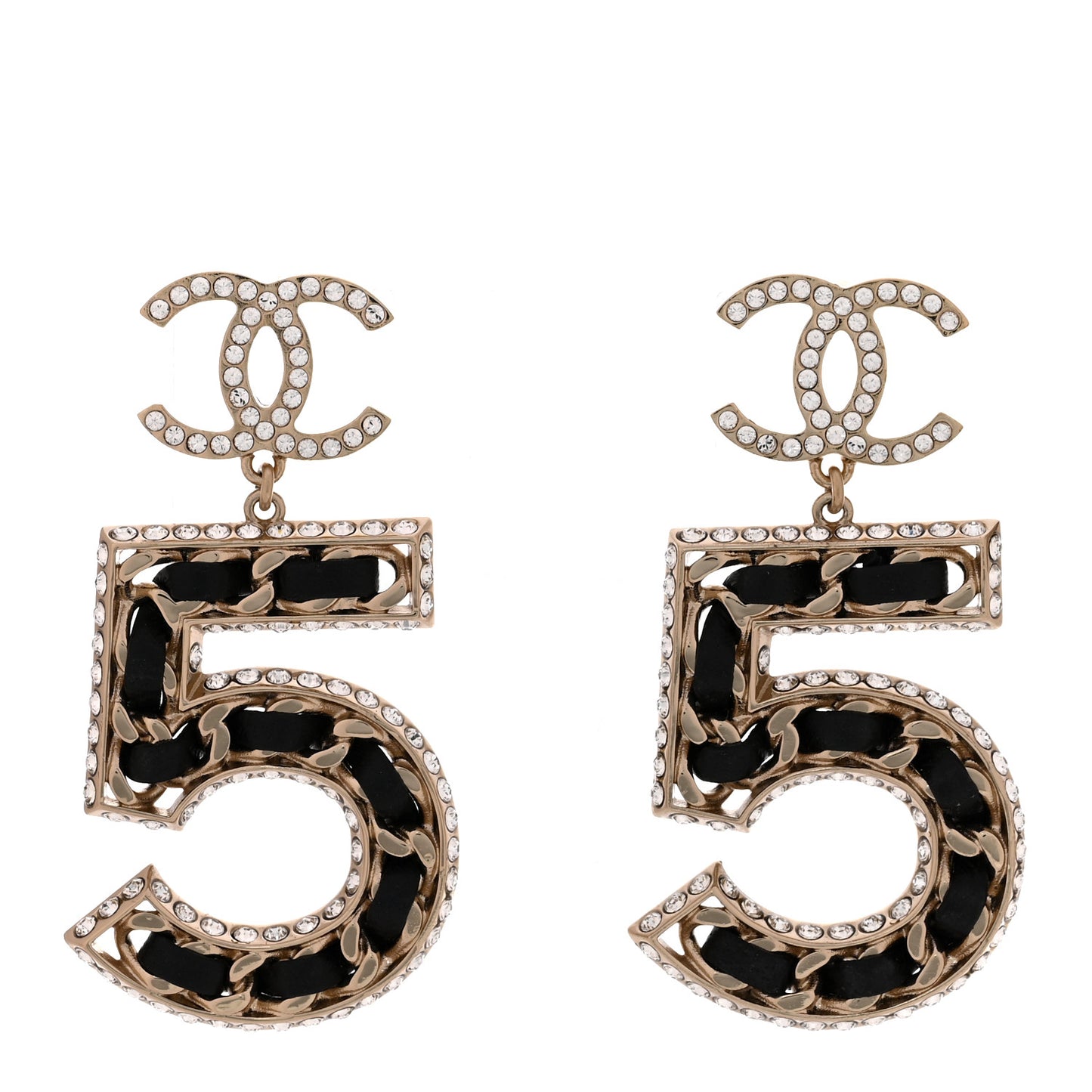Crystal Lambskin Chain CC No 5 Drop Earrings Gold Black