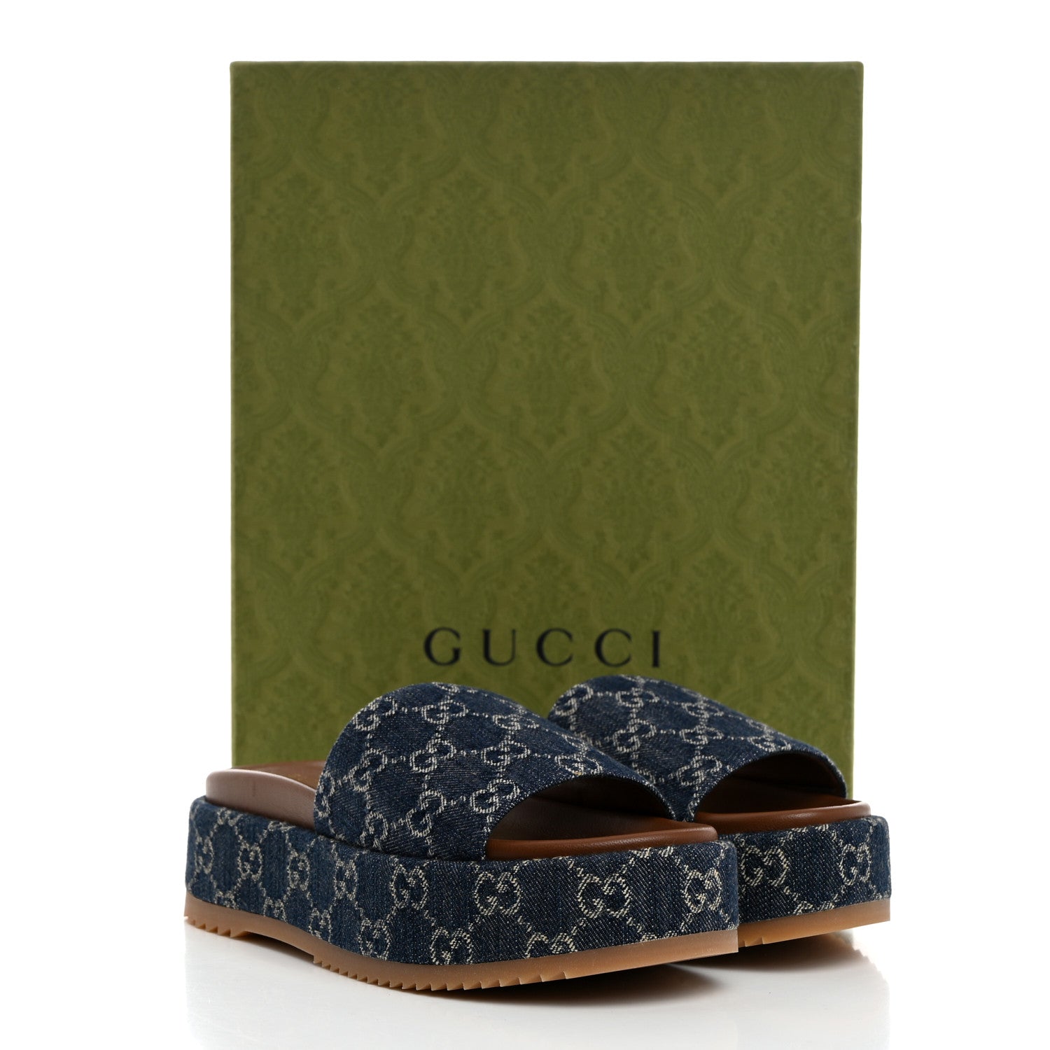 Gucci New Denim GG Monogram Angelina Platform 55mm Slide Sandals 37.5 Blue Tea 9 of 9