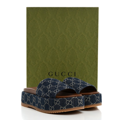 Gucci New Denim GG Monogram Angelina Platform 55mm Slide Sandals 37.5 Blue Tea 9 of 9