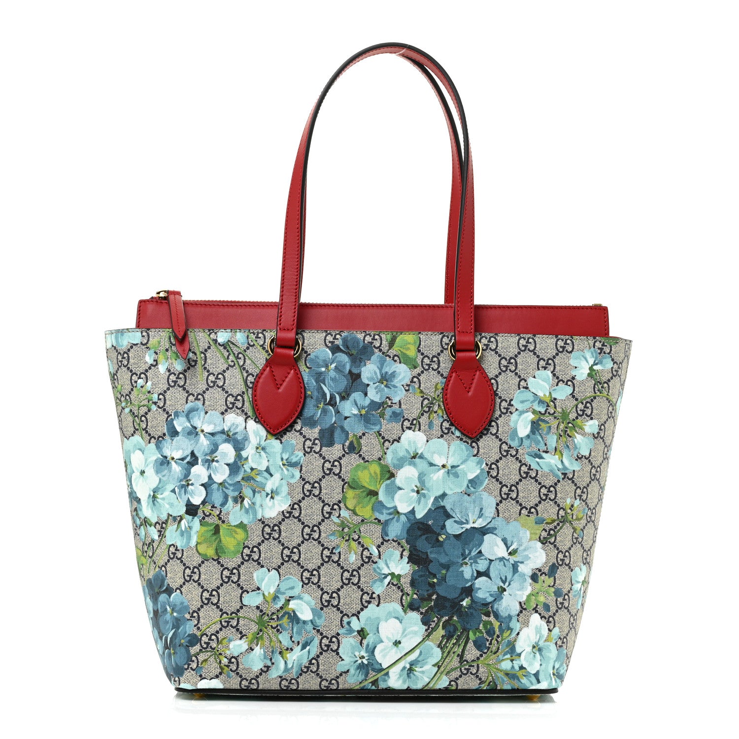 Gucci GG Supreme Monogram Blooms Medium Zippered Bucket Tote Beige Blue Navy Hibiscus Red 1 of 9