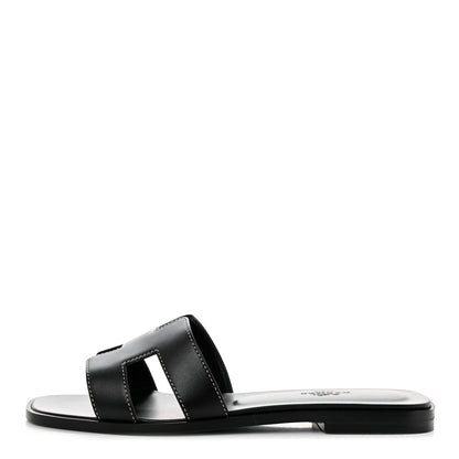 Hermes Box Calfskin Oran Sandals 37.5 Black 1 of 9
