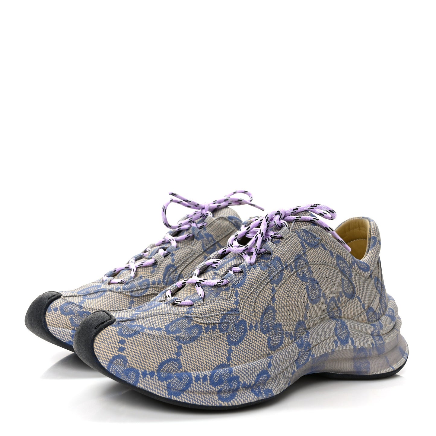 Ultralight Plume Calfskin Monogram Printed Womens Gucci Run Sneakers 37 Beige Blue