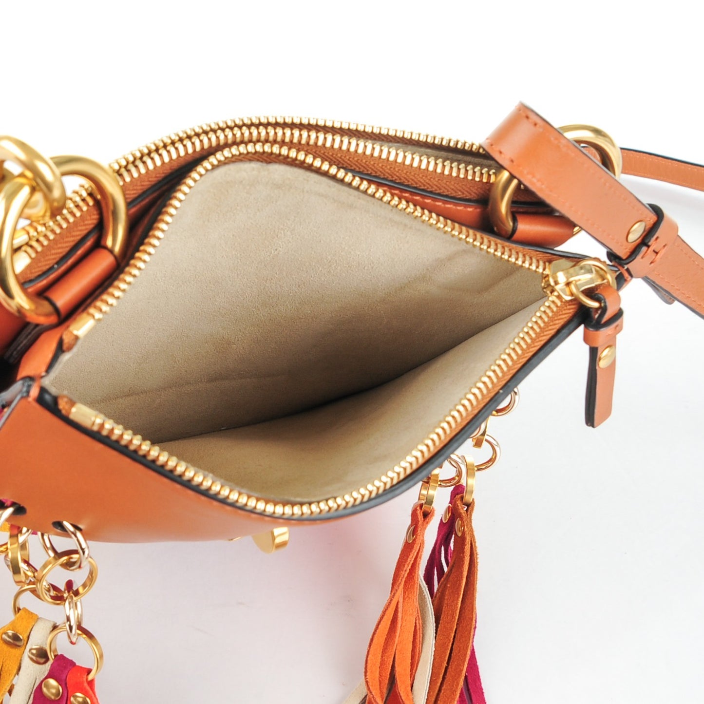 Calfskin Suede Rainbow Patchwork Small Jane Fringe Bag Caramel