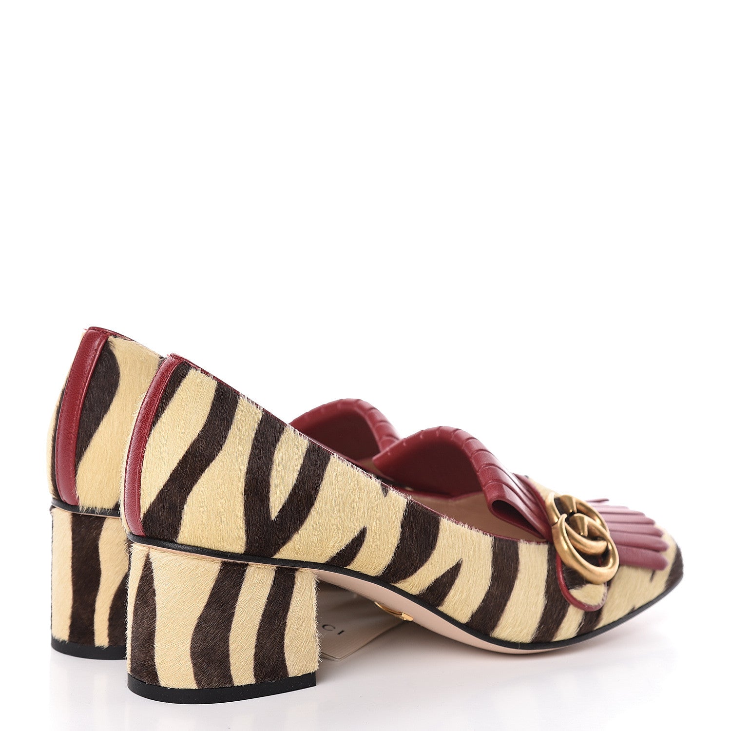 Gucci Calf Hair Malaga Kid Tiger Print GG Marmont Fringe 50mm Loafer Pumps 38 Natural Black Romantic Cerise 4 of 8