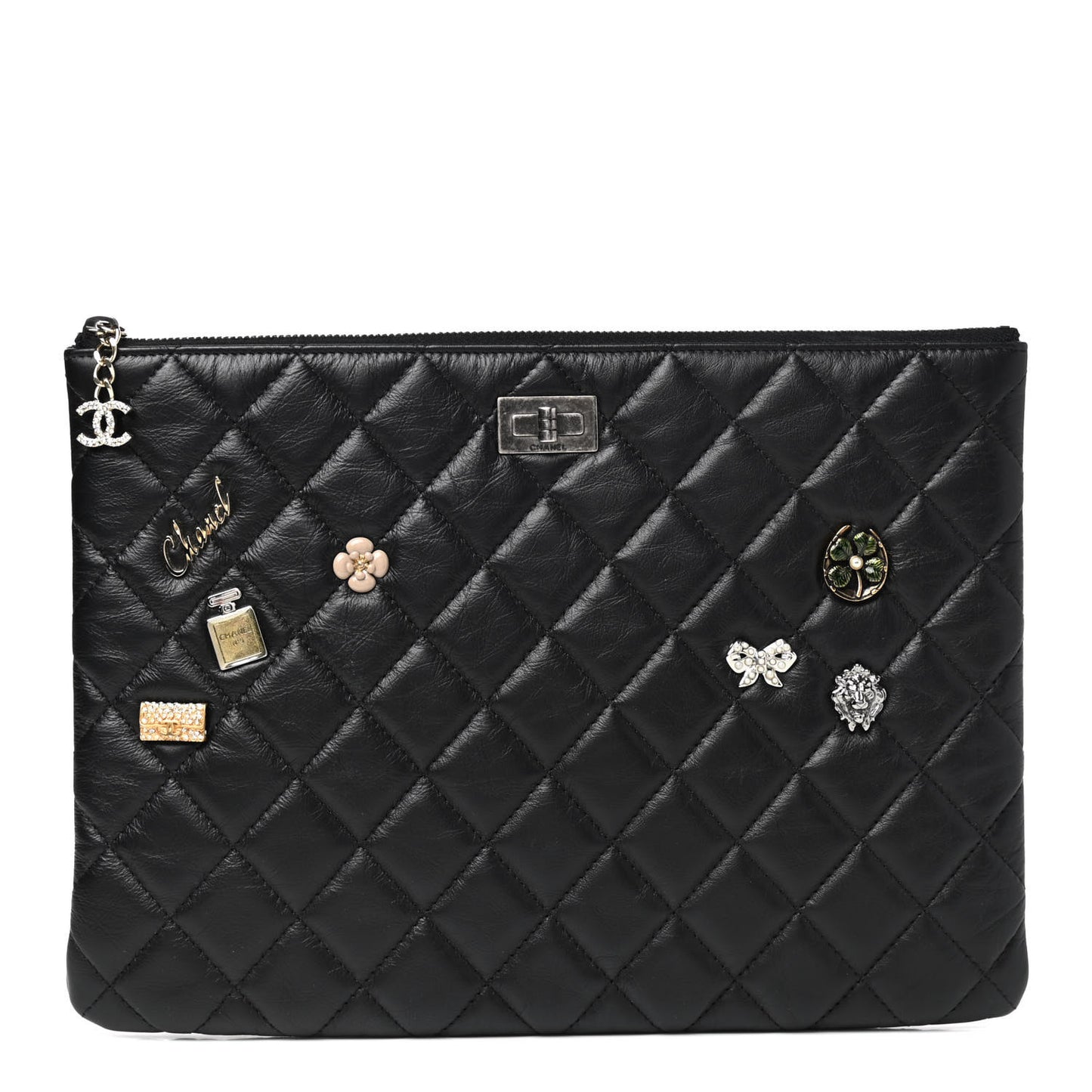 Aged Calfskin Quilted Medium Lucky Charms Cosmetic Case Black