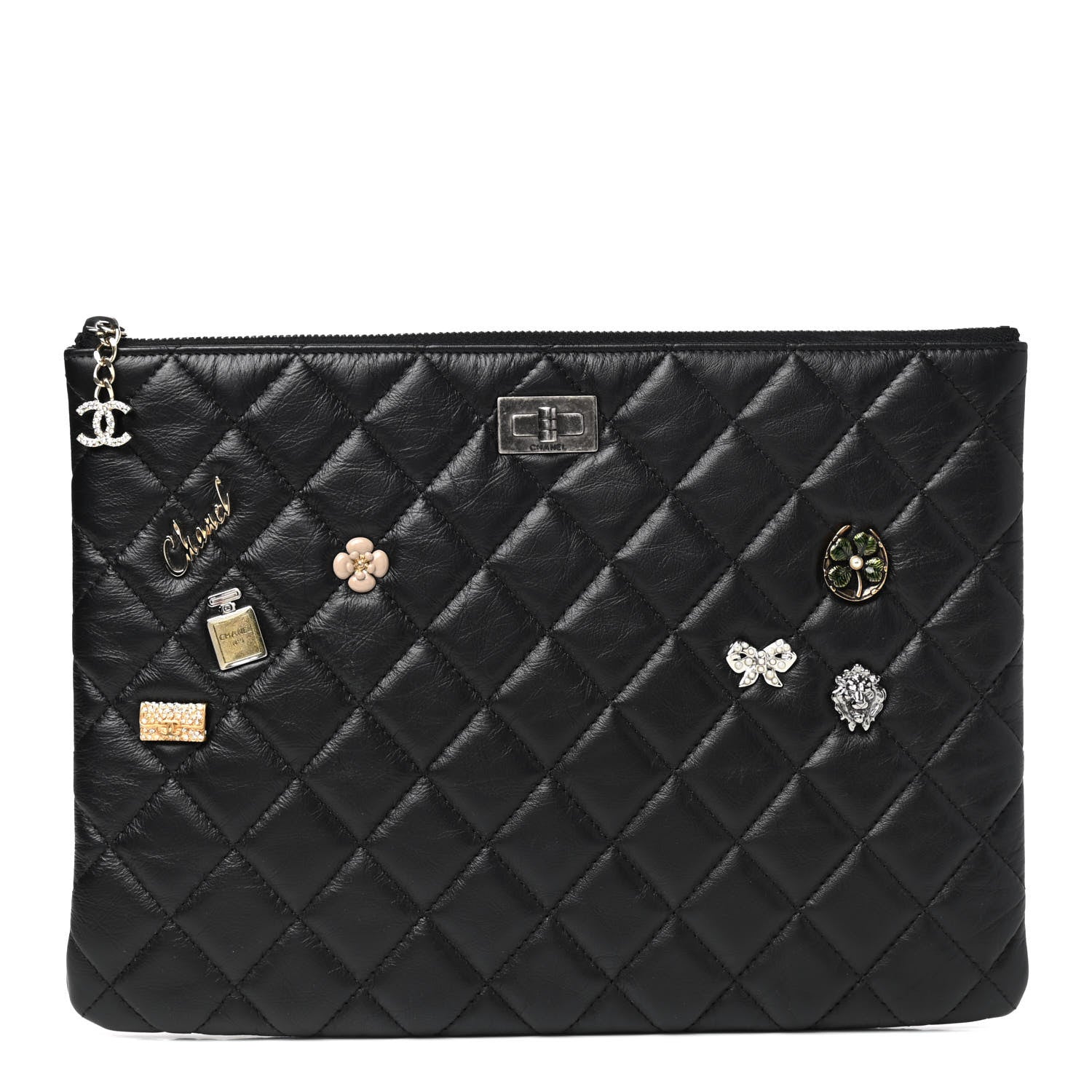 Chanel Aged Calfskin Quilted Medium Lucky Charms Cosmetic Case Black 1 of 8