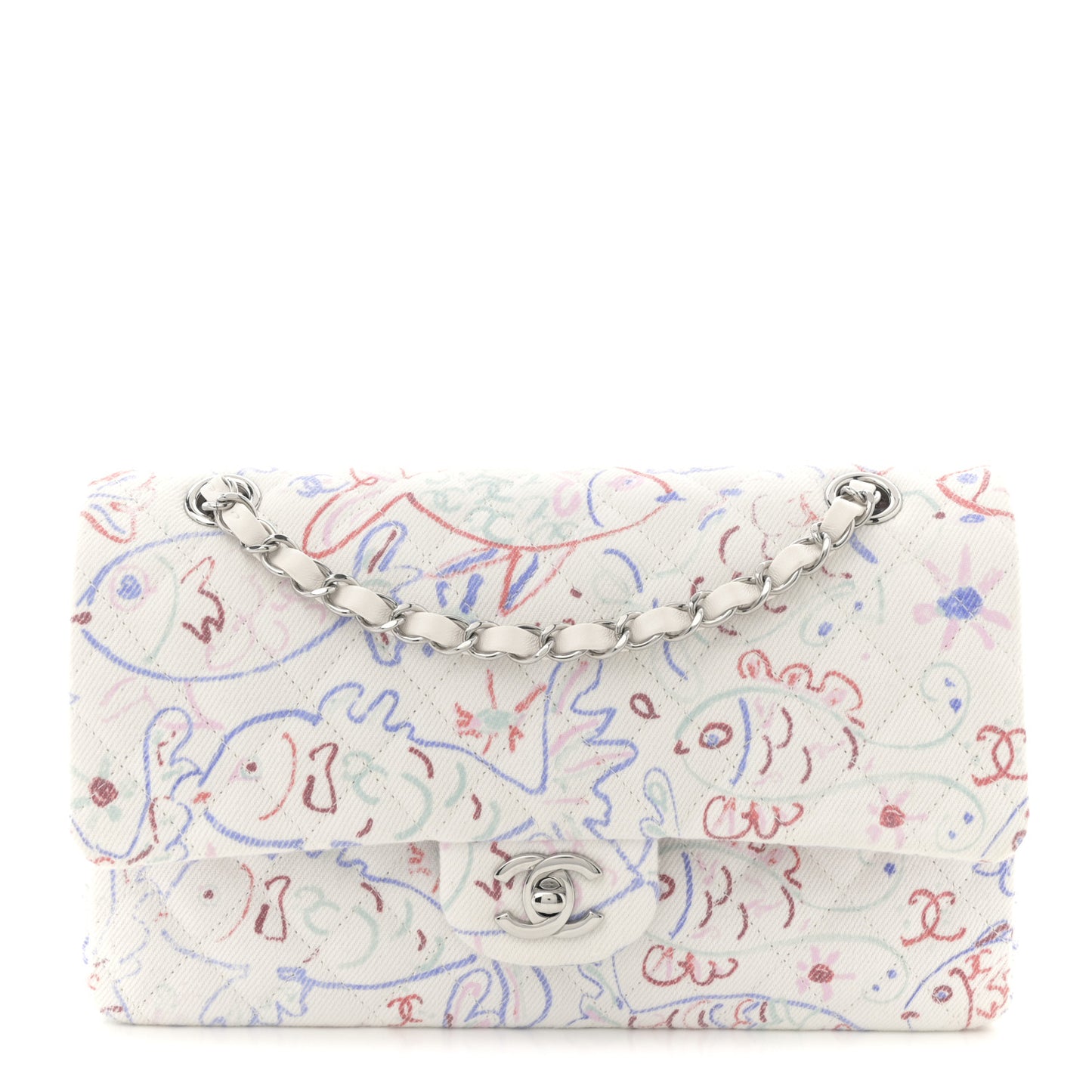 Denim Printed Fish Quilted Medium Double Flap White Multicolor