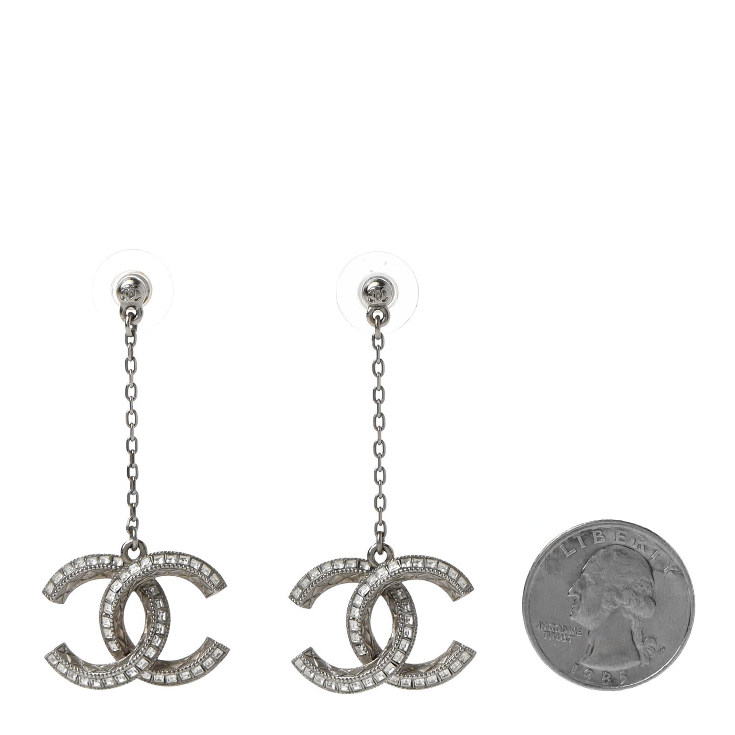 Baguette Crystal CC Drop Earrings Silver