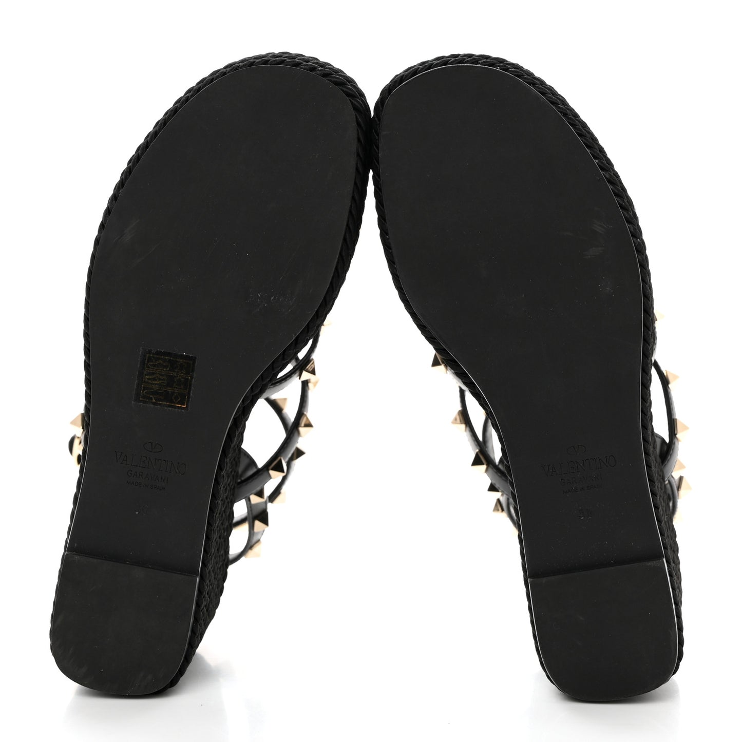 Calfskin Rockstud Ankle Strap Torchon Espadrille Caged 25/95mm Wedge Sandals 38 Black