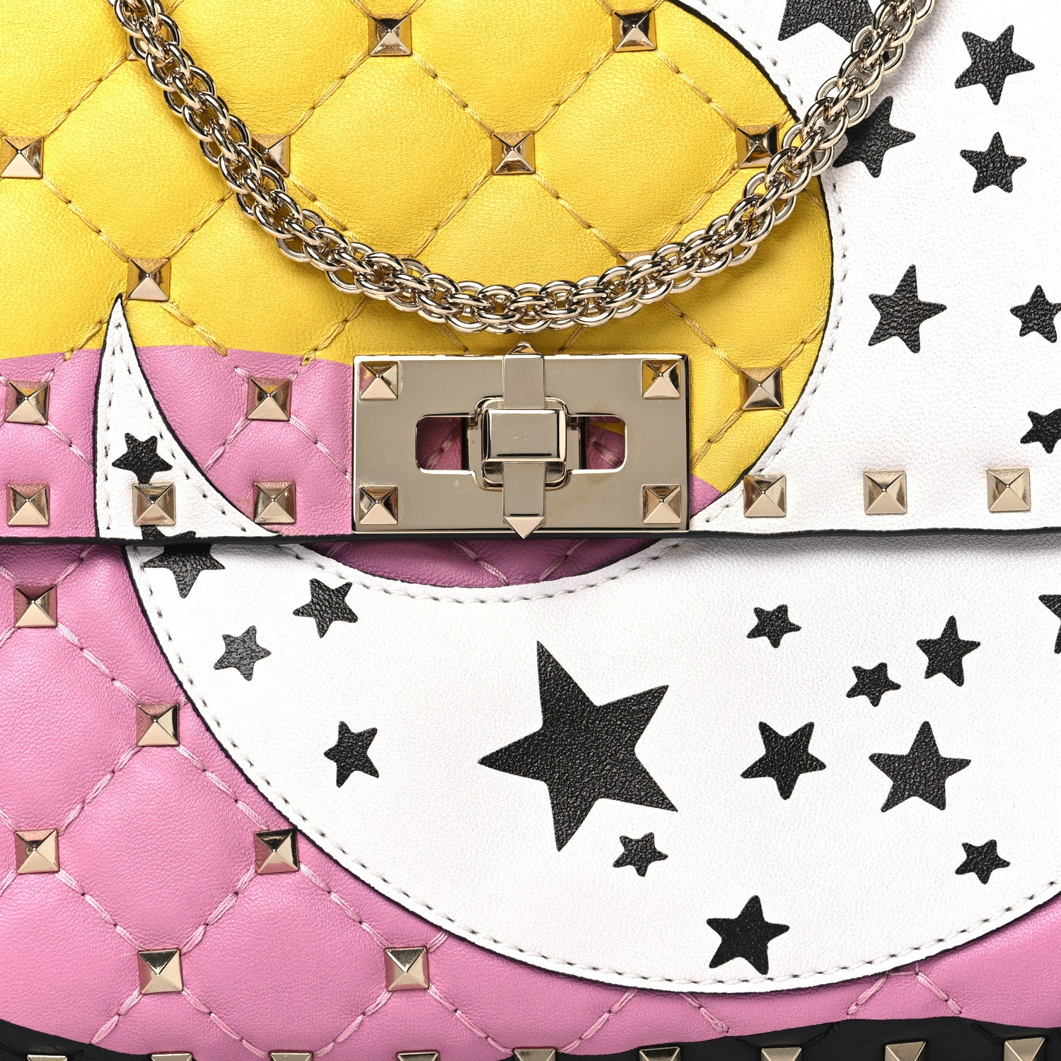 Valentino Garavani Lambskin Medium Moon And Stars Rockstud Spike Shoulder Bag White Yellow Pink 5 of 9