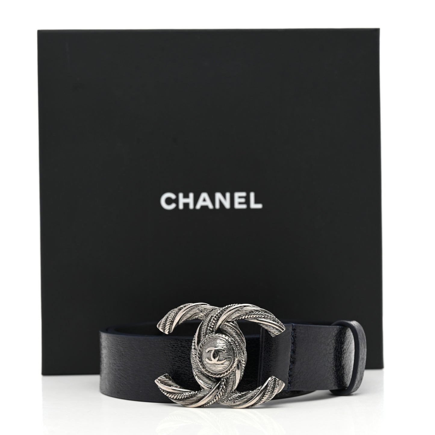 Glazed Calfskin CC Belt 75 30 Navy Blue
