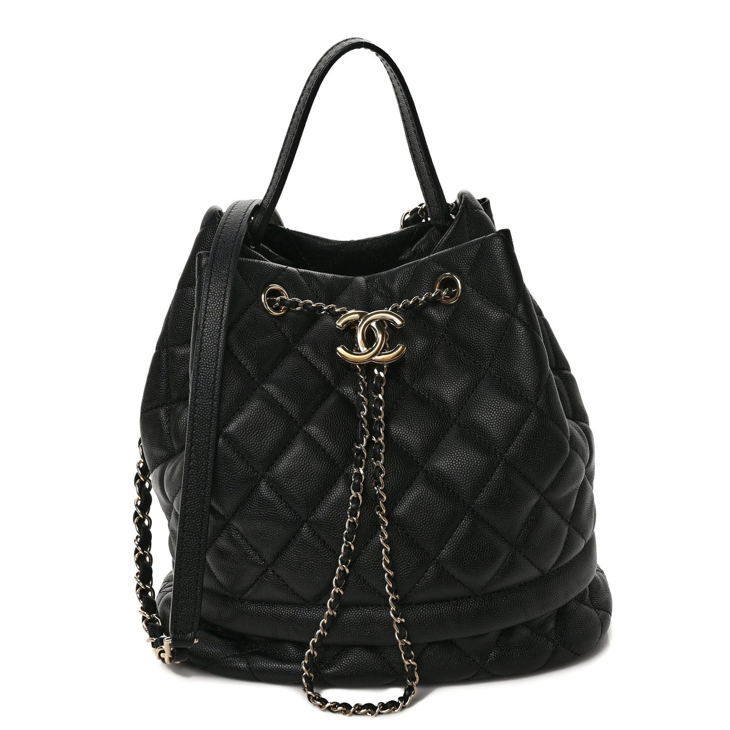 Caviar Quilted Large Rolled Up Bucket Drawstring Bag Black