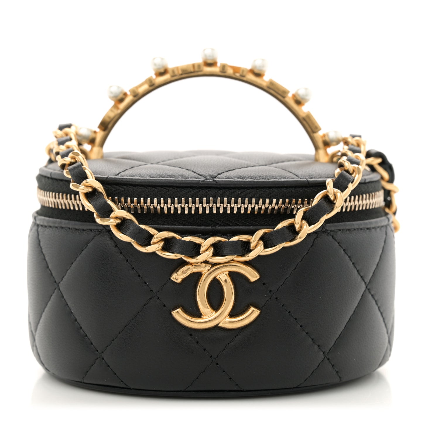 Lambskin Pearl Crystal Quilted Pearly Girl Top Handle Round Vanity Case With Chain Black