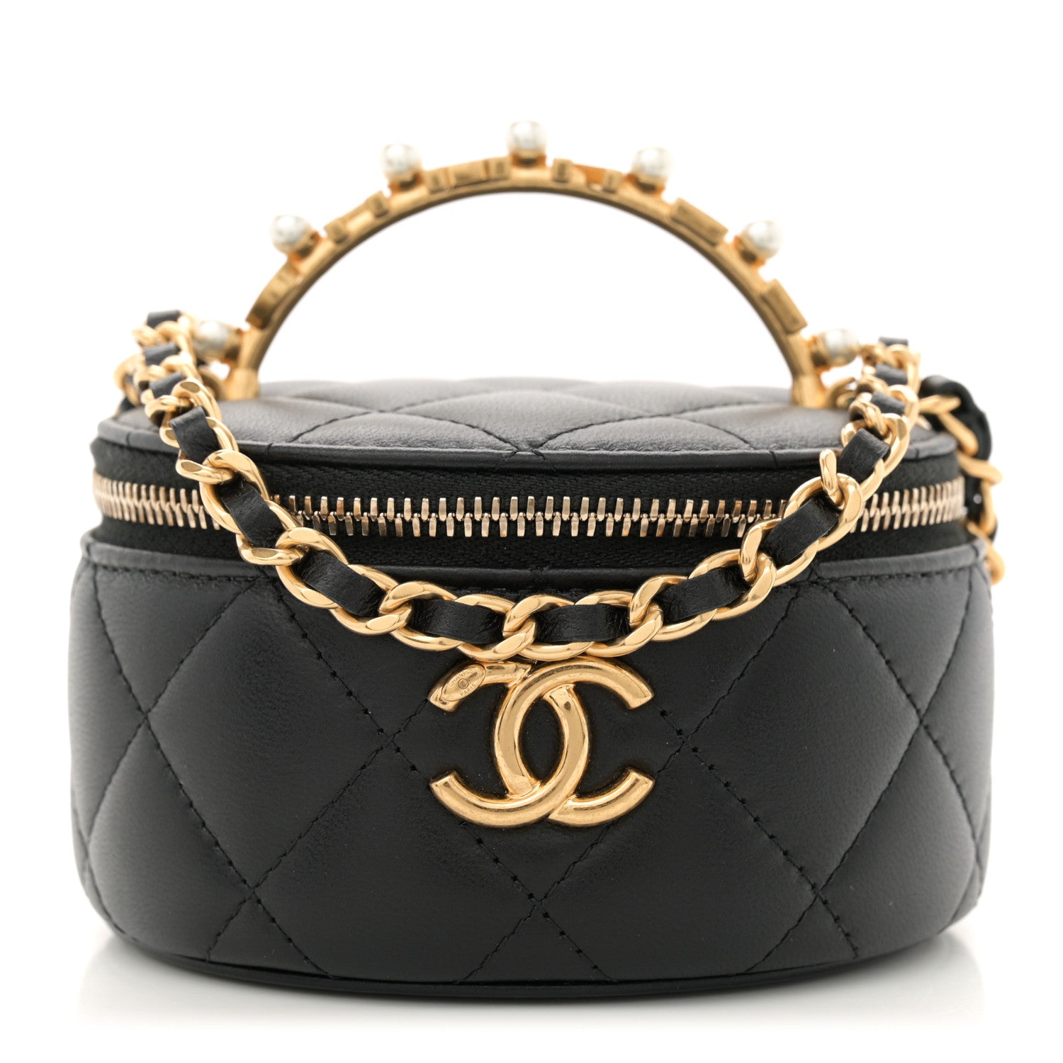 Chanel Lambskin Pearl Crystal Quilted Pearly Girl Top Handle Round Vanity Case With Chain Black 1 of 11