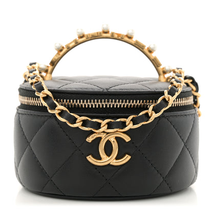 Chanel Lambskin Pearl Crystal Quilted Pearly Girl Top Handle Round Vanity Case With Chain Black 1 of 11