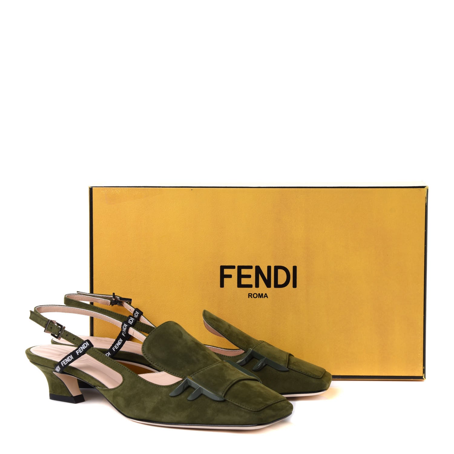 Fendi Suede FFreedom Slingback Kitten Heel Pumps 37 Khaki 18 of 18