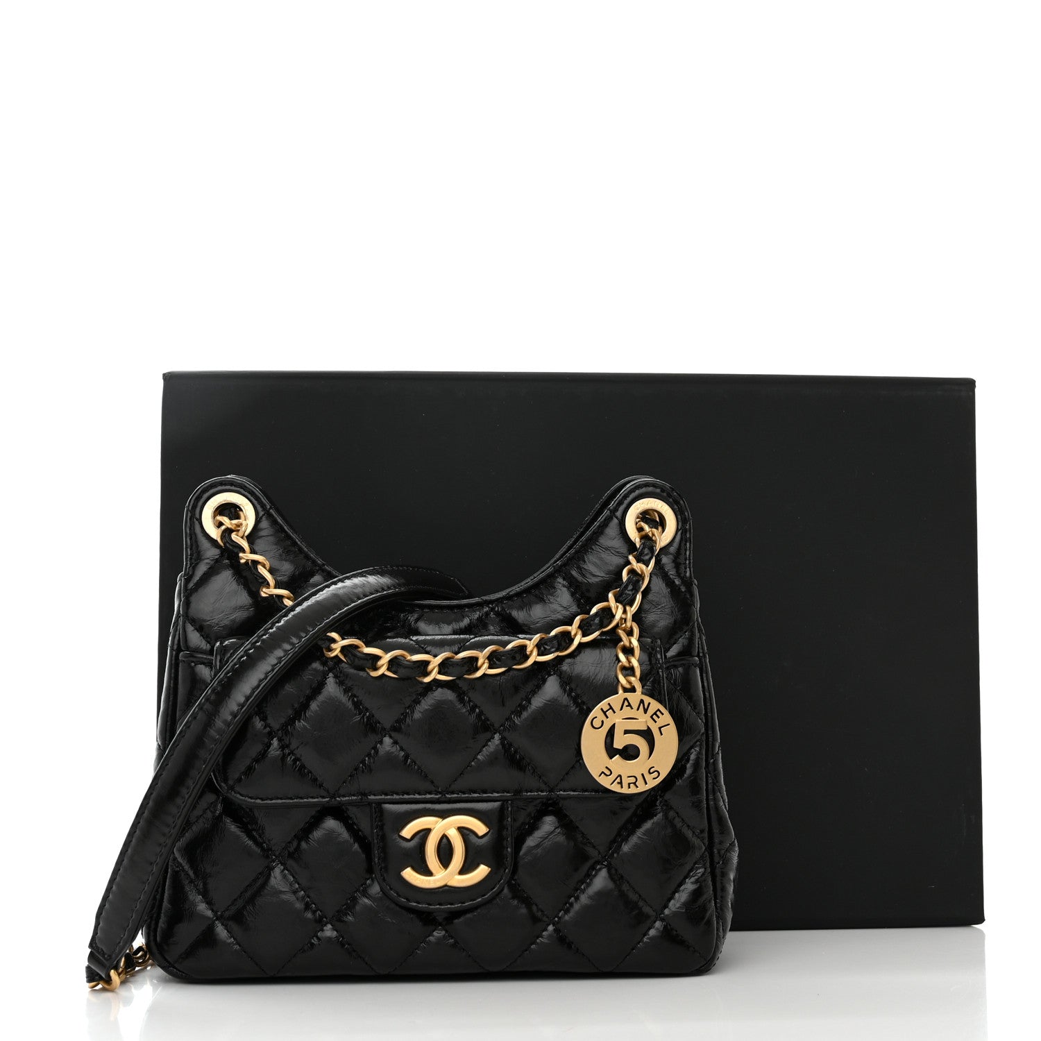 Chanel Shiny Crumpled Calfskin Quilted Small Wavy CC Hobo Black 11 of 11