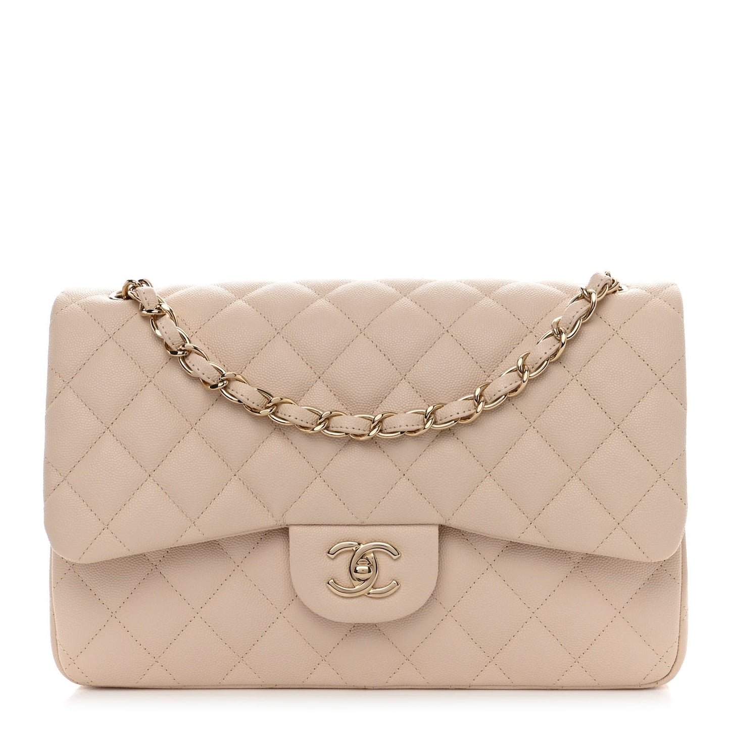 Caviar Quilted Jumbo Double Flap Light Beige
