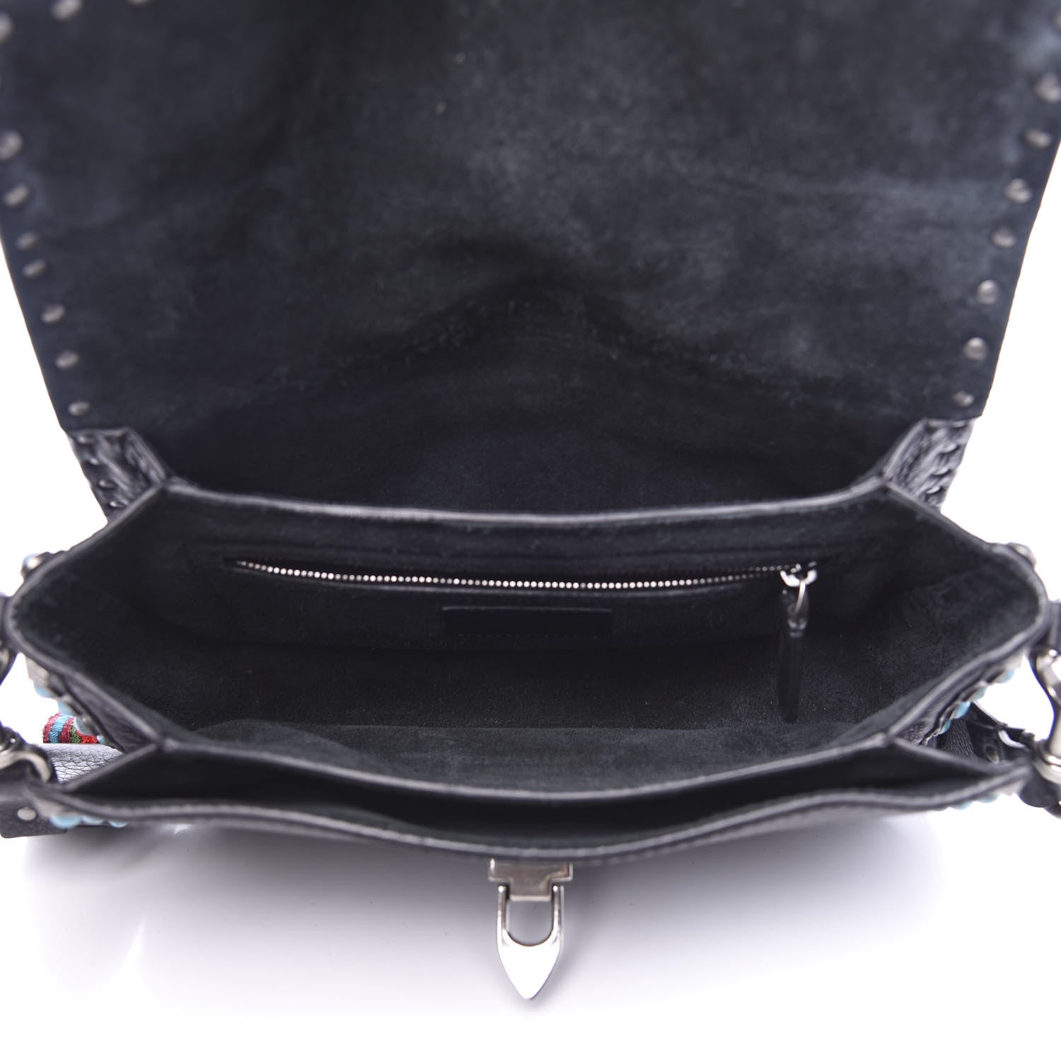 Valentino Garavani Pebbled Calfskin Turquoise Medium Guitar Strap Rockstud Rolling Flap Saddle Bag Black 5 of 10