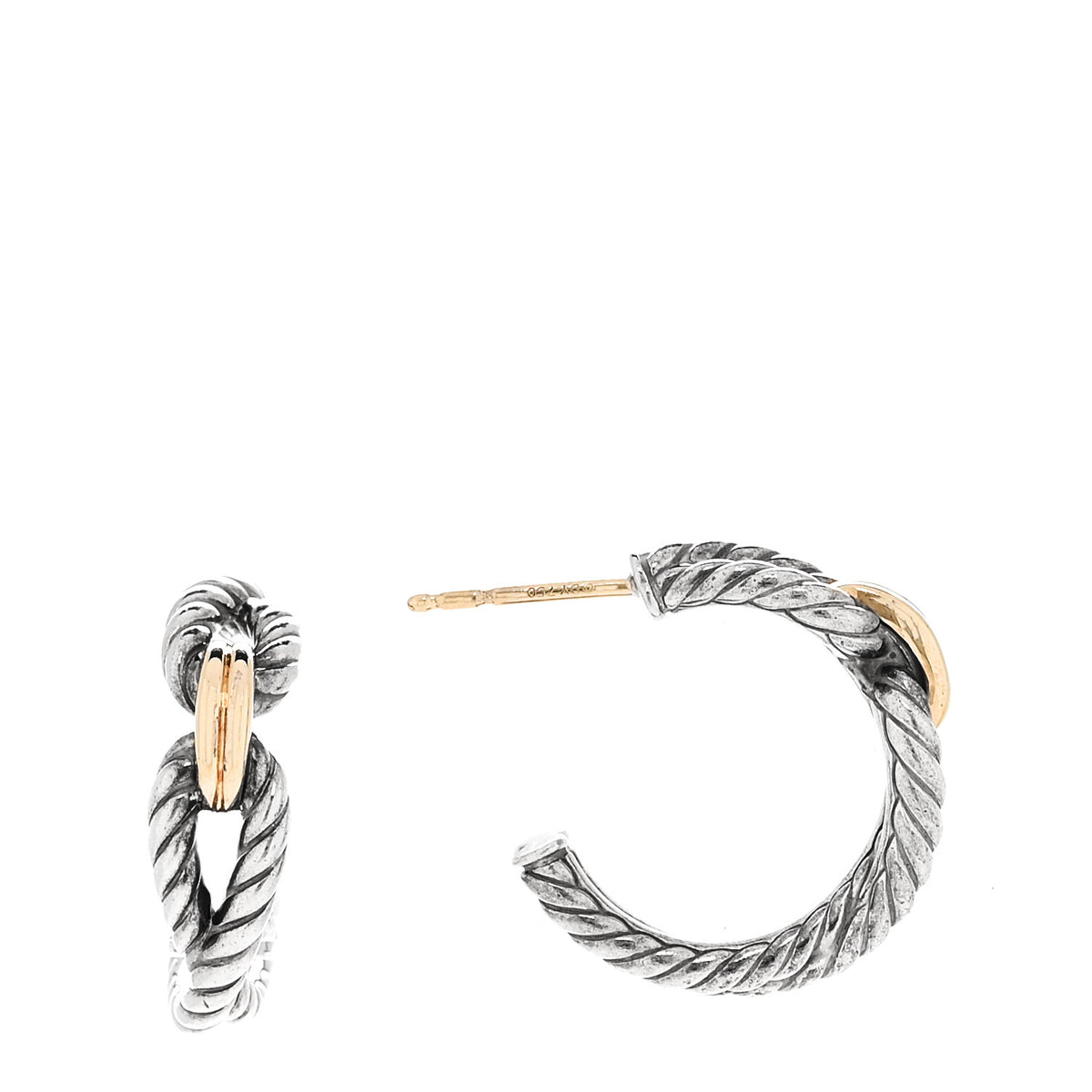 David Yurman Sterling Silver 18K Yellow Gold Small Cable Loop Hoop Earrings 1 of 5