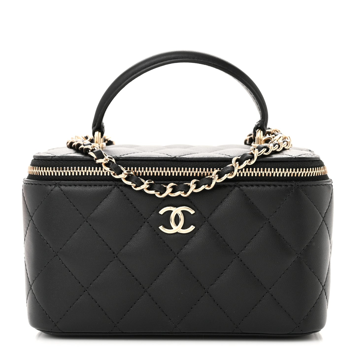 Lambskin Quilted Small Top Handle Vanity Case With Chain Black