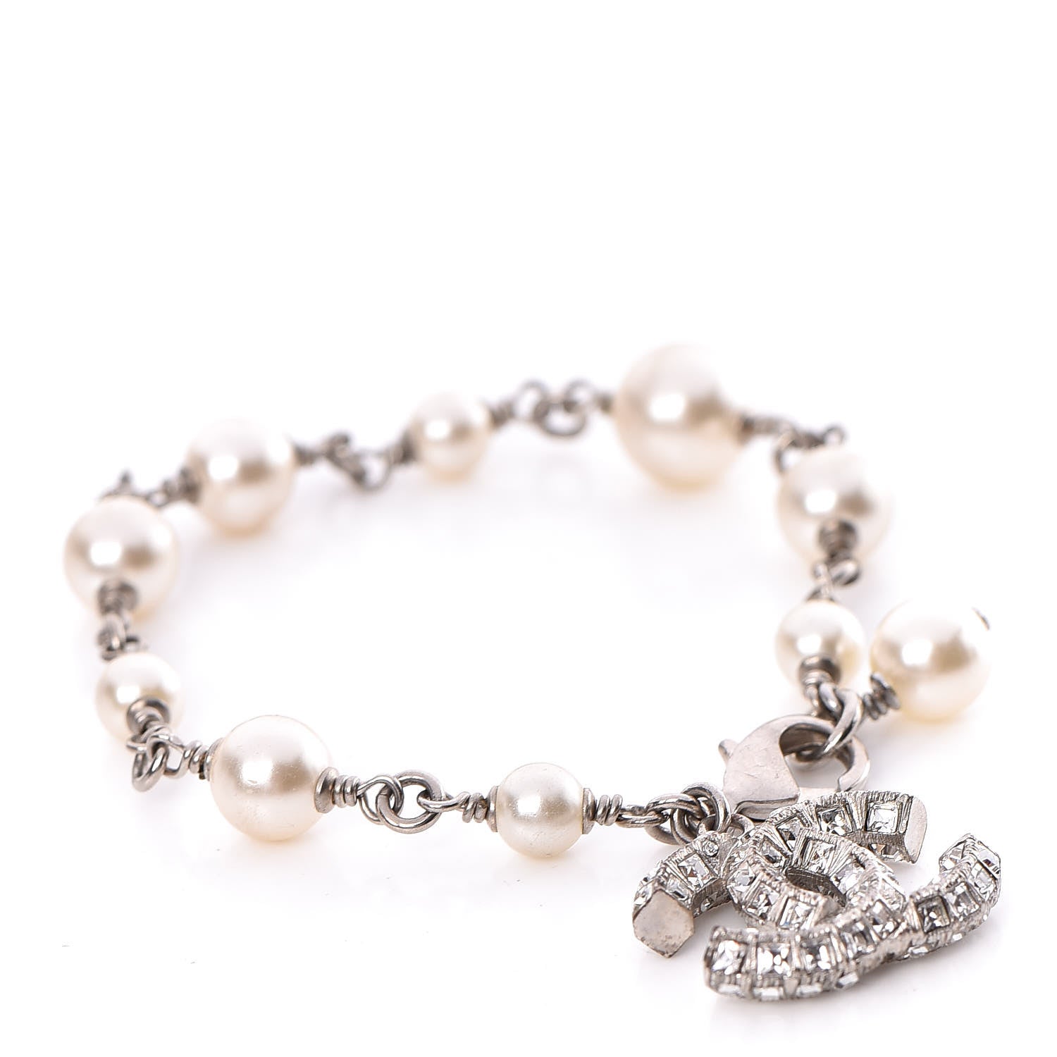 Chanel Baguette Crystal Pearl CC Bracelet Silver 1 of 4