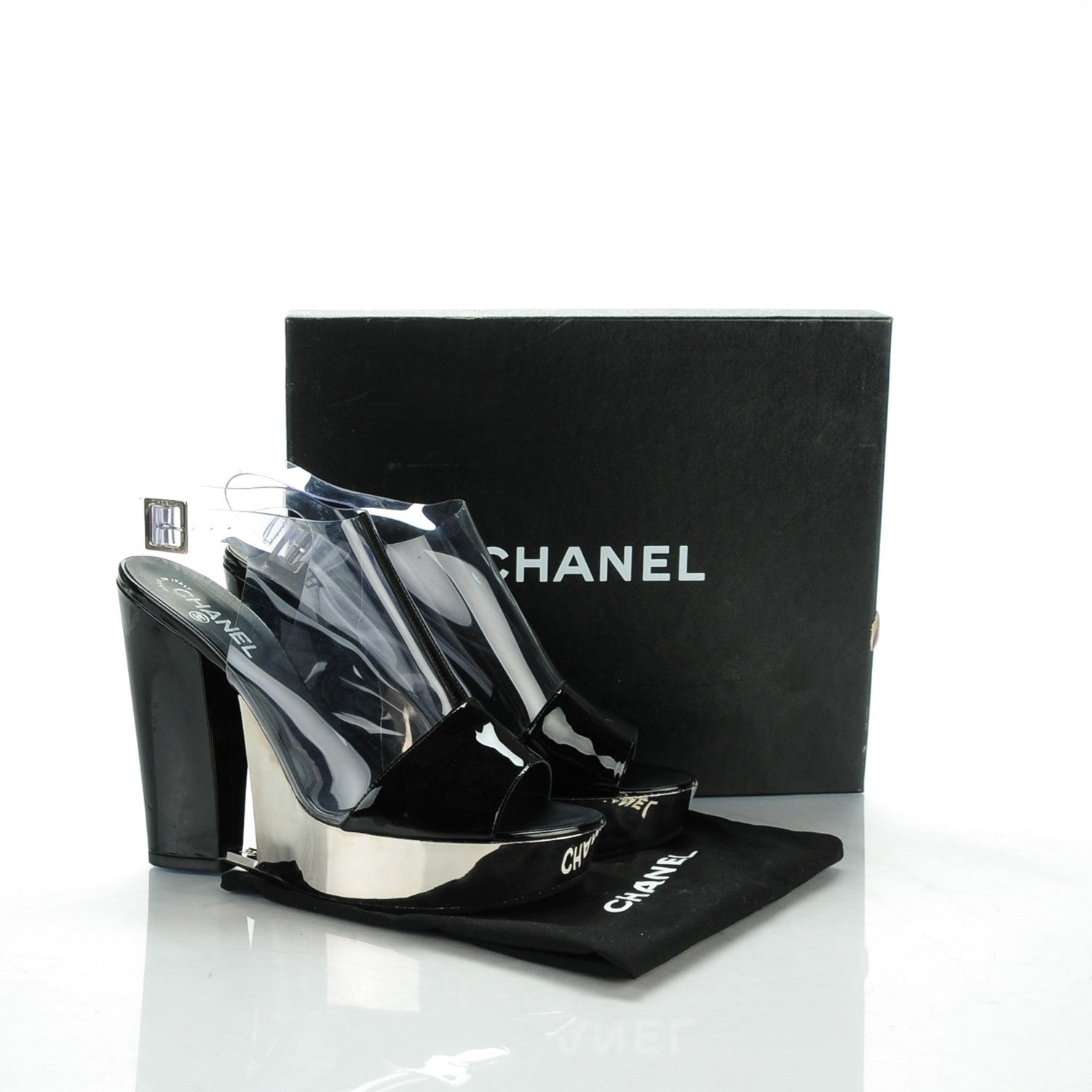 Chanel Patent Chrome Vinyl Wedge Sandals 41 Black 8 of 8