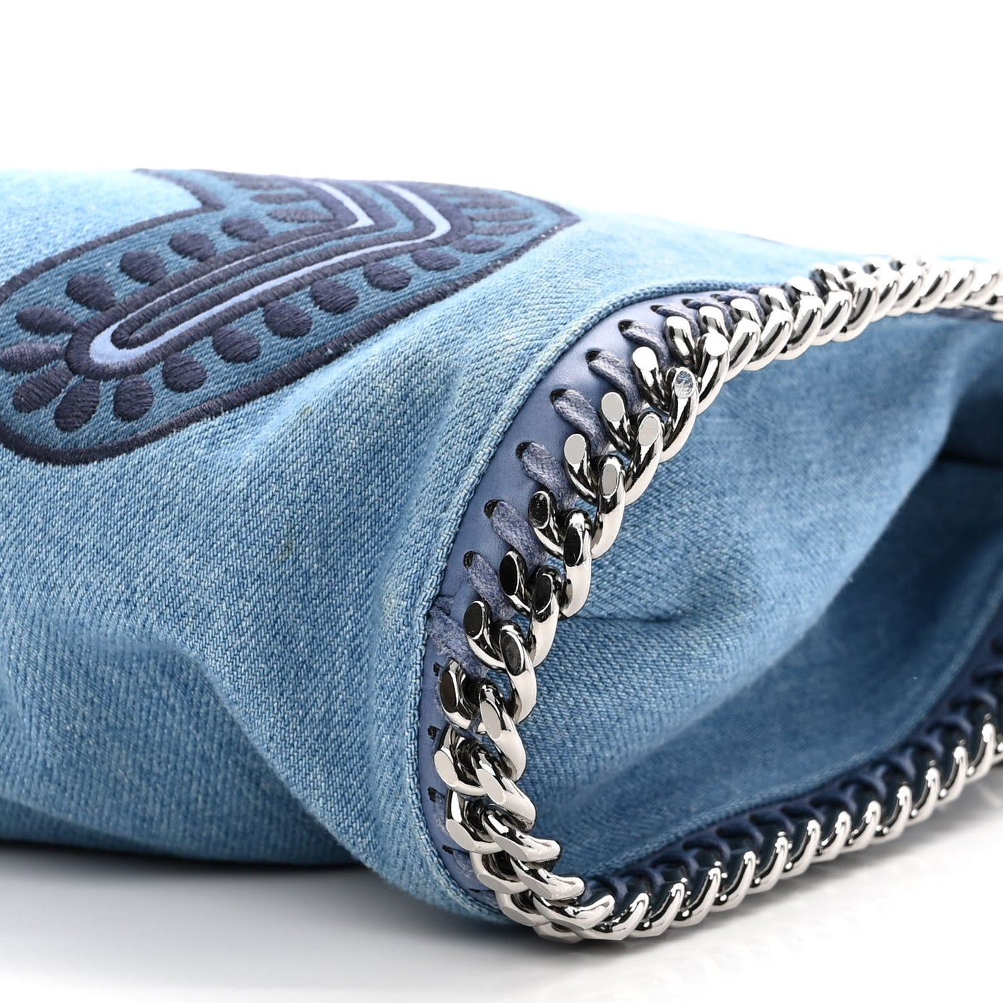 Eco Denim Embroidered Zigarette Falabella Fold Over Tote Blue