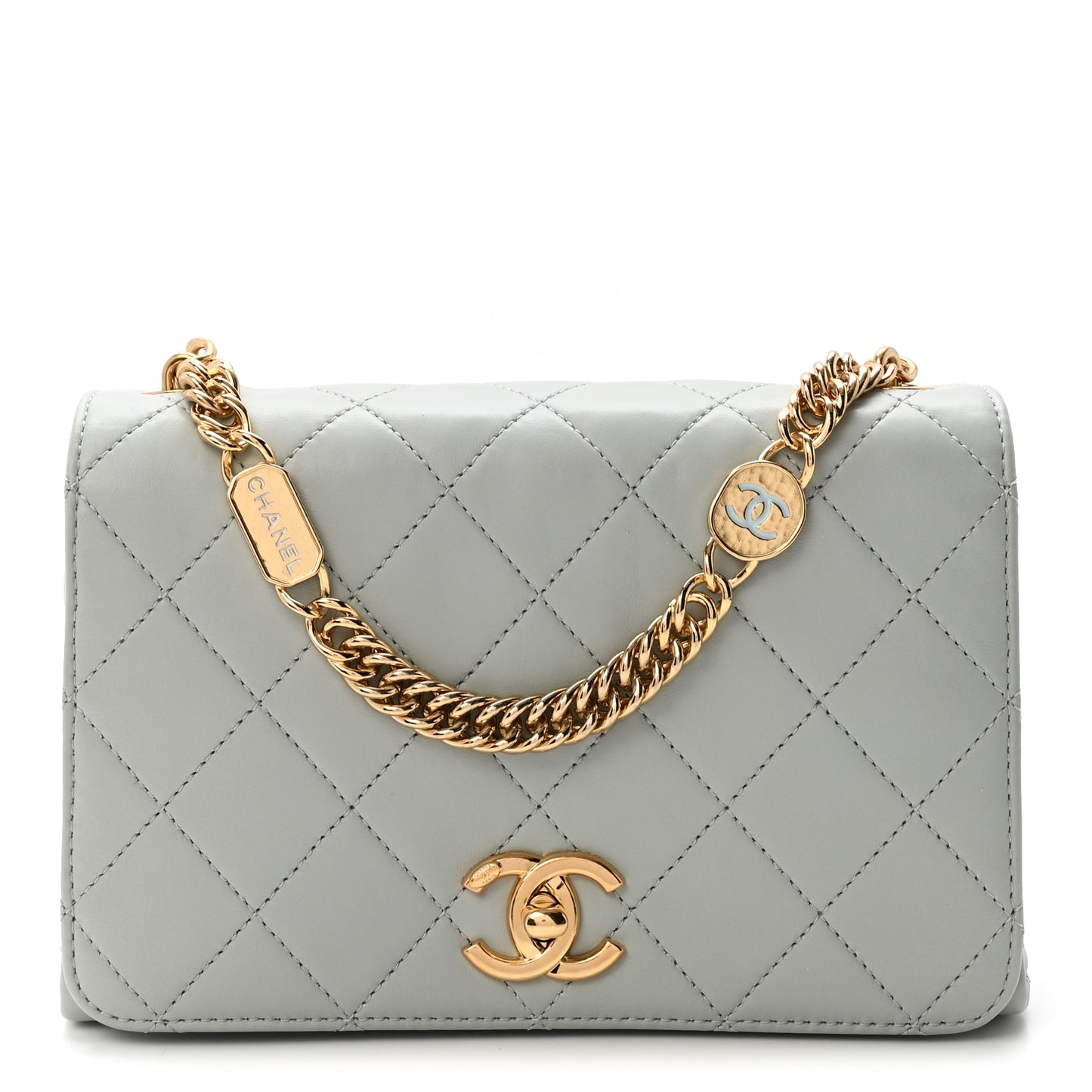 Calfskin Quilted Enamel Chain Flap Grey