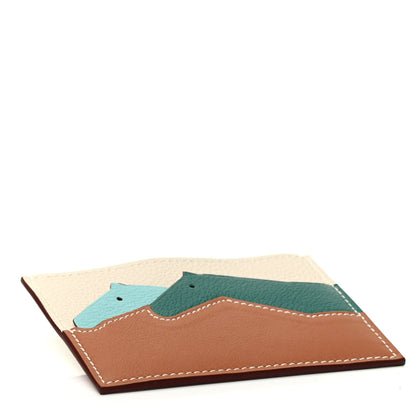Hermes Swift Evercolor Togo Les Petits Chevaux Card Holder Gold Malachite Bleu Atoll Craie 3 of 4