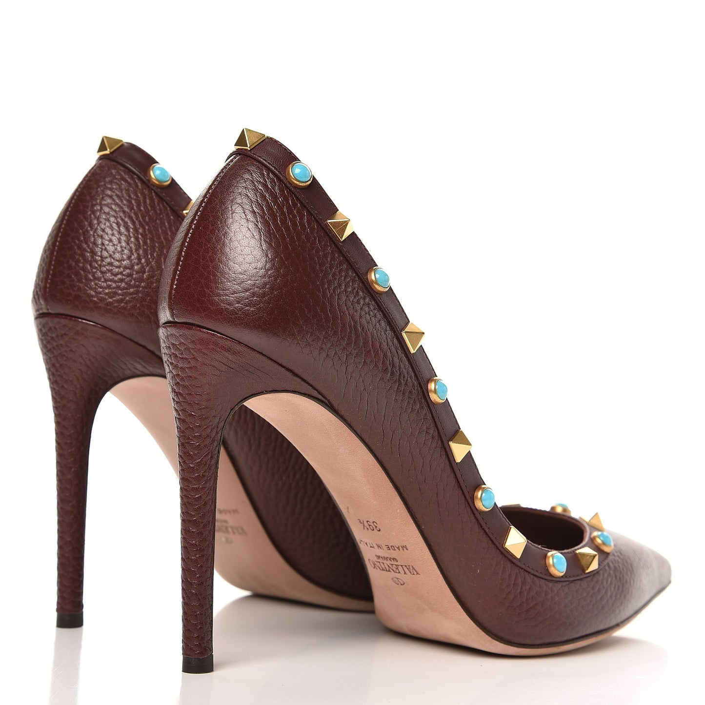 Pebbled Calfskin Rockstud Rolling 100mm Pumps 39.5 Rubin