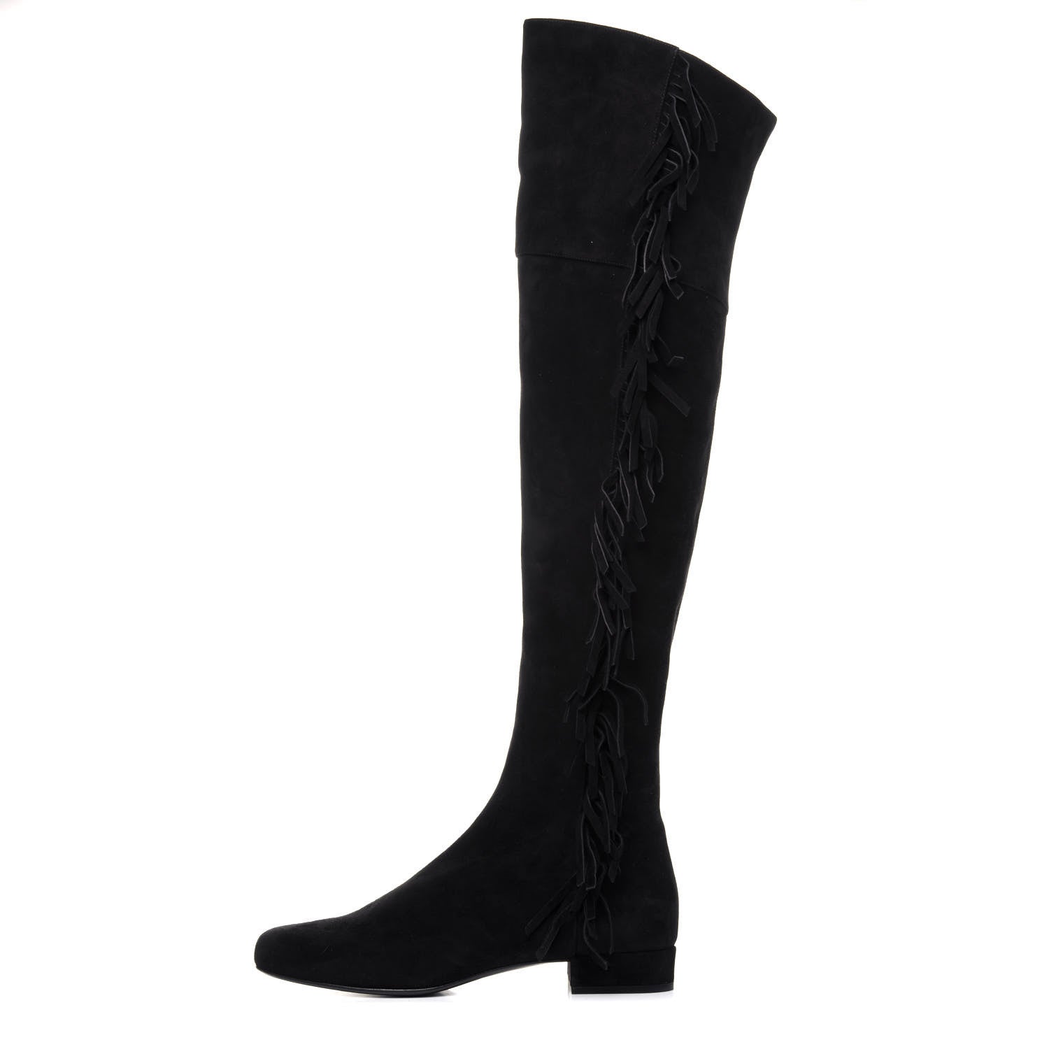 Saint Laurent Suede Goatskin BB 20 Over The Knee Fringed Boots 38.5 Black 1 of 9