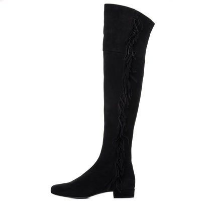 Saint Laurent Suede Goatskin BB 20 Over The Knee Fringed Boots 38.5 Black 1 of 9